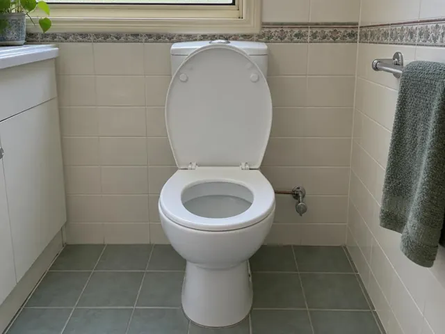 Clean white toilet in a tiled bathroom with towel rail and window in Hornsby