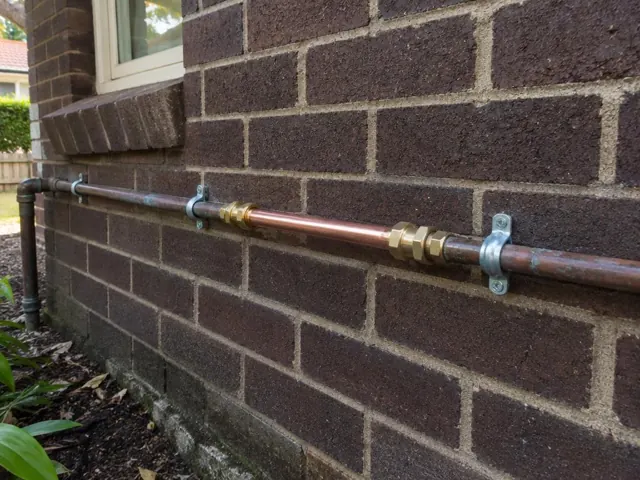 Repaired copper water pipe on a brick exterior wall in Thornleigh